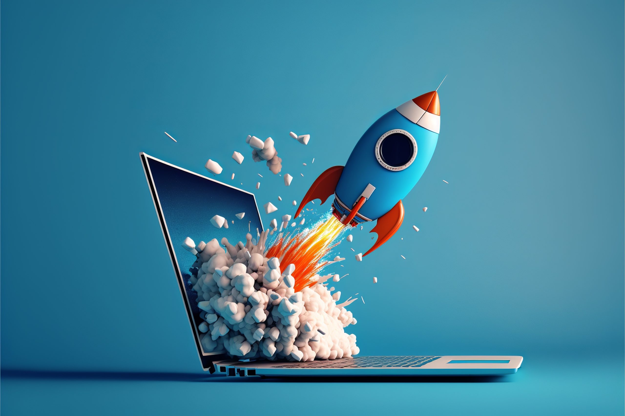 Rocket coming out of laptop screen, blue background. AI digital